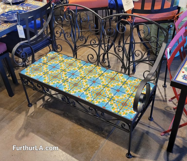 handmade tile and wrought iron iron bench in los angeles