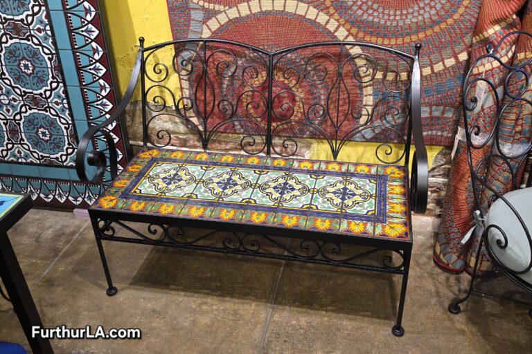 Outdoor tile and wrought iron bench
