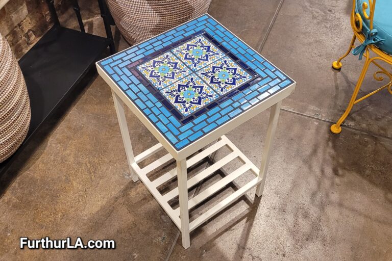 Outdoor tile side table with iron base