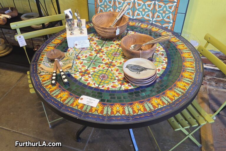 Colorful round tile top outdoor table