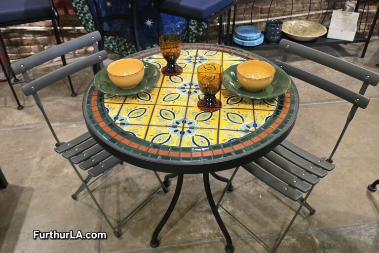 Round patio bistro tile and wrought iron table