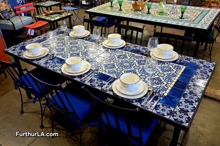 Delftware style tile outdoor dining table